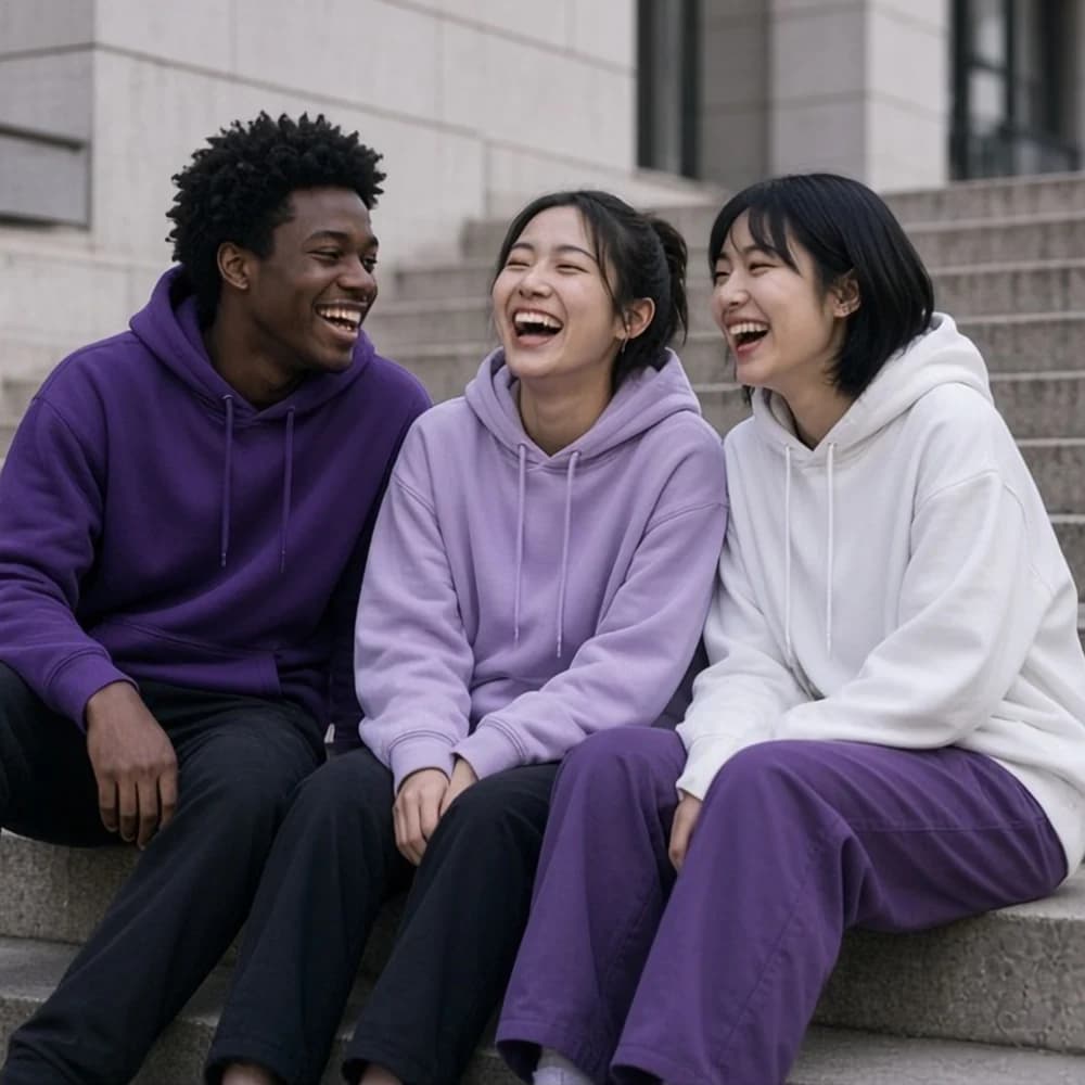 Three friends in ORBYT streetwear on city steps