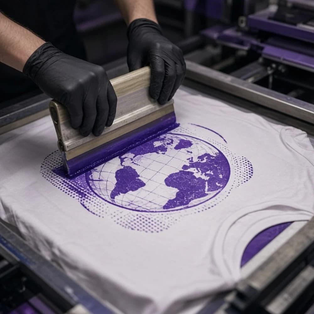 Hands screen printing the globe graphic onto a white tee