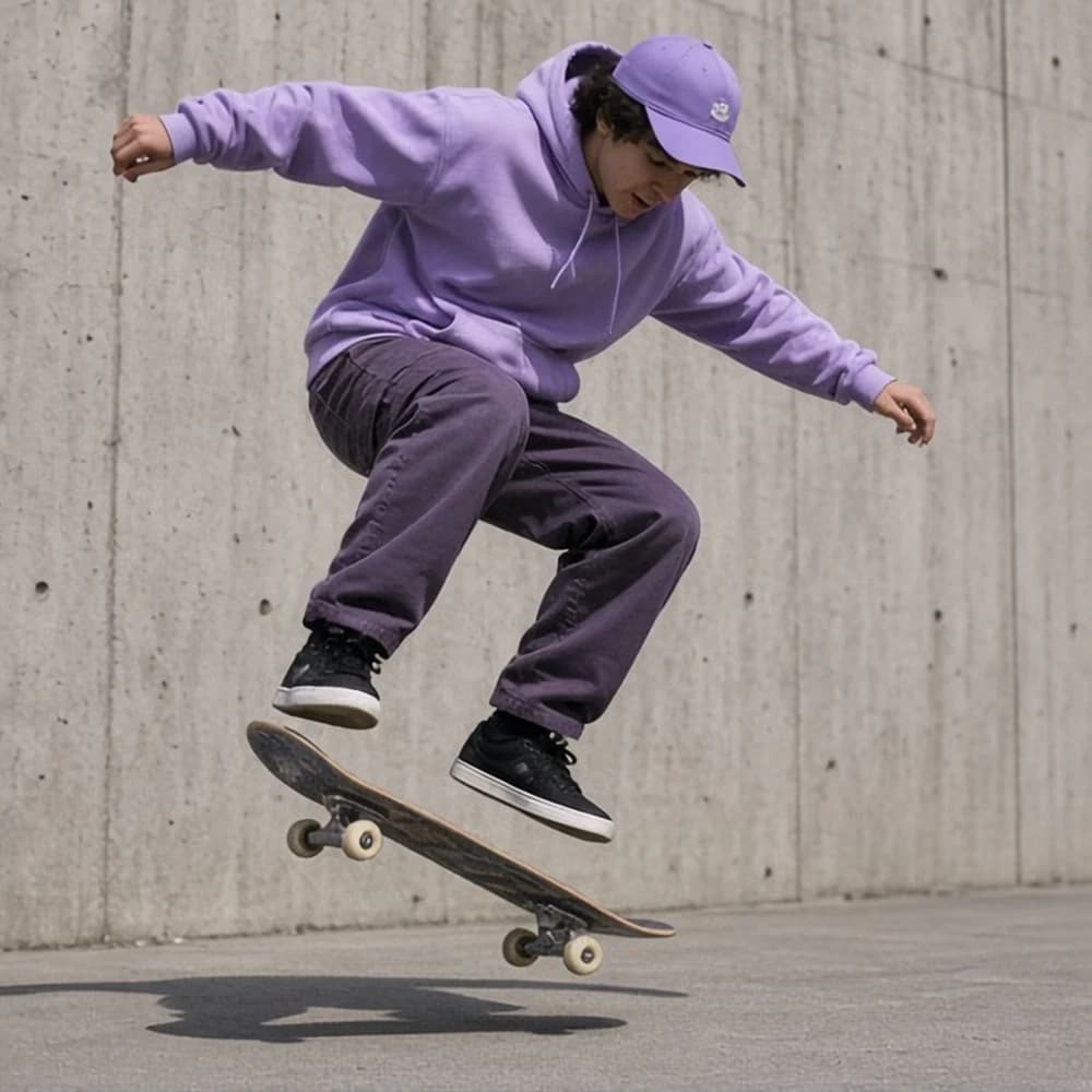 Skater in a lavender hoodie mid-jump