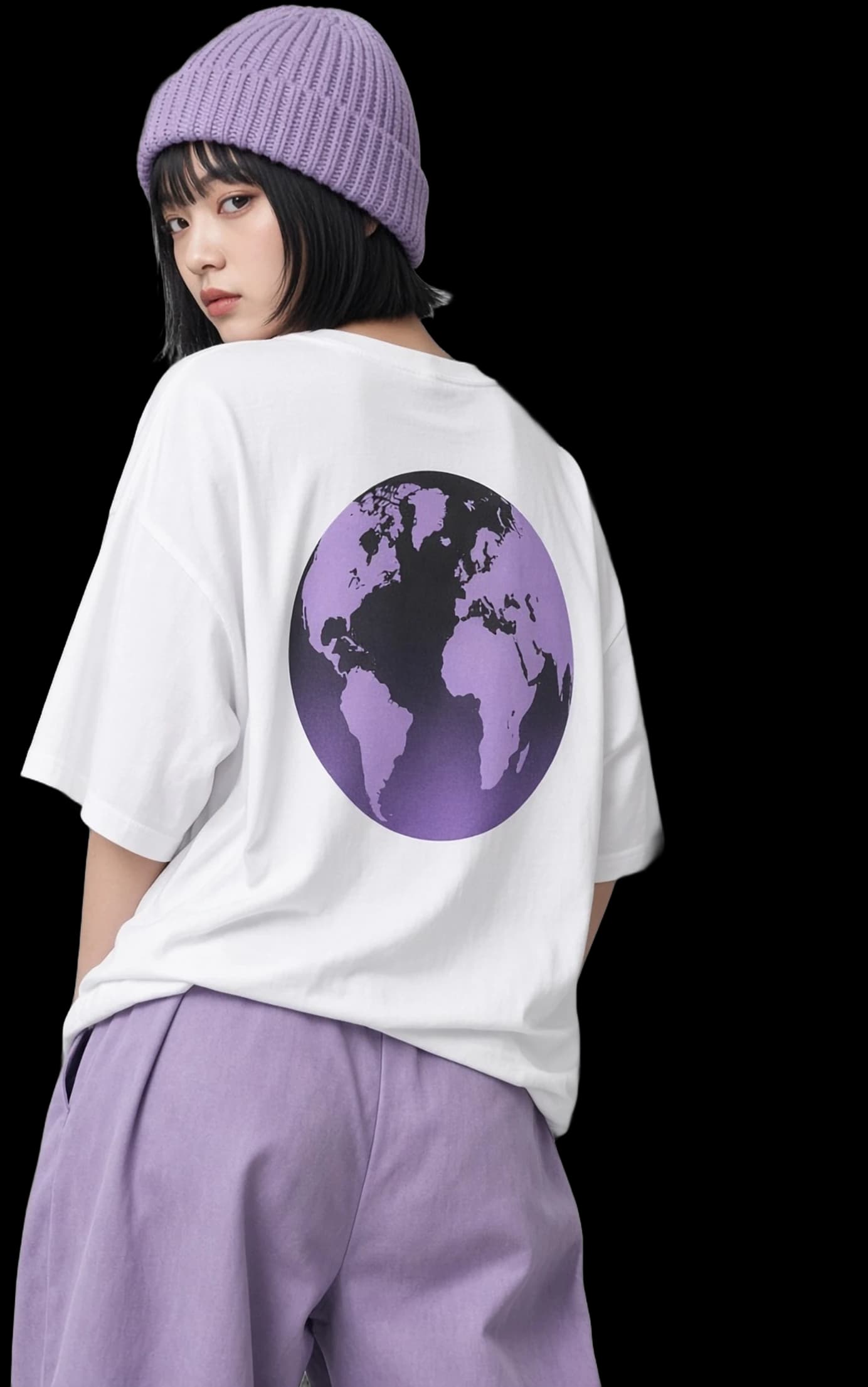 Model in a lavender beanie and the white Orbit Back Tee, looking over her shoulder